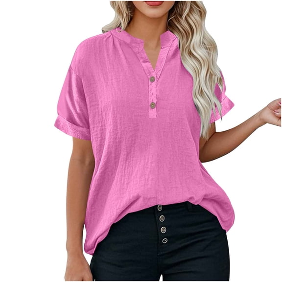 Mittory Summer Linen Tops for Women Trendy Roll Up Short Sleeve Tshirts Workout Button Down Plus Size Cotton Linen Shirt