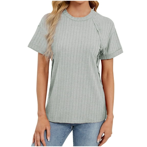Mittory Summer Ribbed Knit Tops for Women Short Sleeve Crewneck T Shirt Loose Fit Basic Solid Color Tees Tunics Blouses