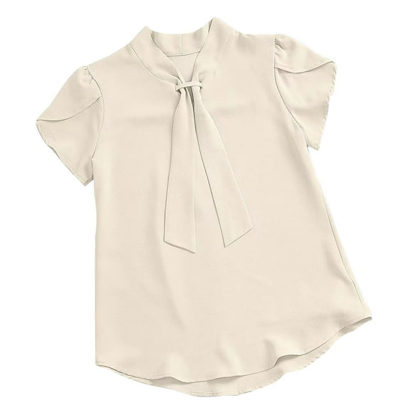 Mittory Summer Short Sleeve Office Button Down Blouse Stripe Shirt Tops with Bow Tie
