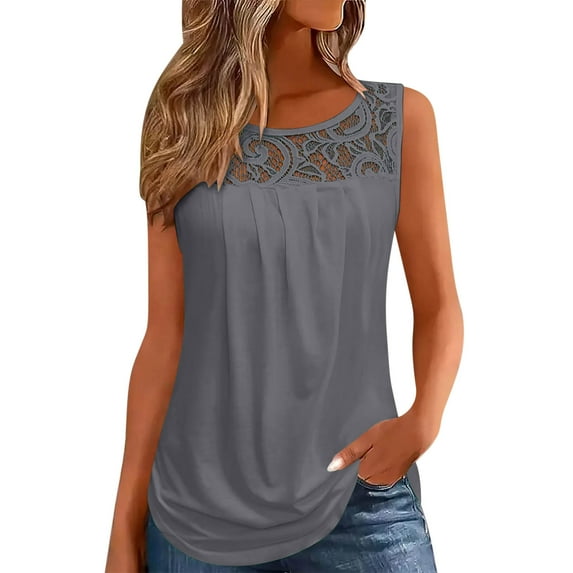 Mittory Summer Tank Tops for Women Loose Fit Pleated Tunics Scoop Neck Sleeveless Lace Tops Curved Hem Flowy