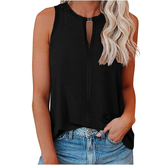 Mittory Summer Tank Tops for Women Metal Buckle Round Neck Sleeveless Fashion Loose Cute Tops Henley Shirts