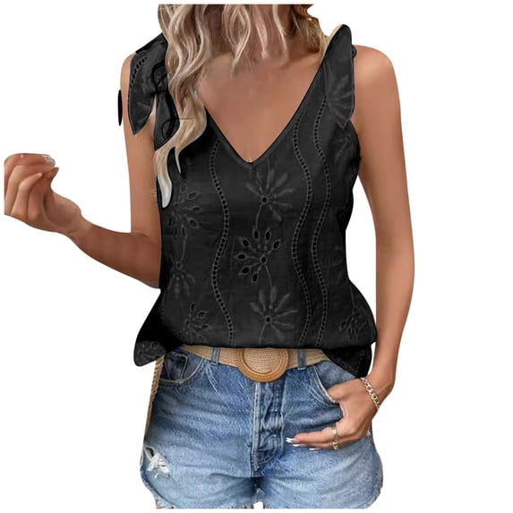 Mittory Summer Tank Tops for Women Trendy Casual Solid Blouses Fashion Sexy Deep V Neck Sleeveless Shirts Loose Comfy Tees
