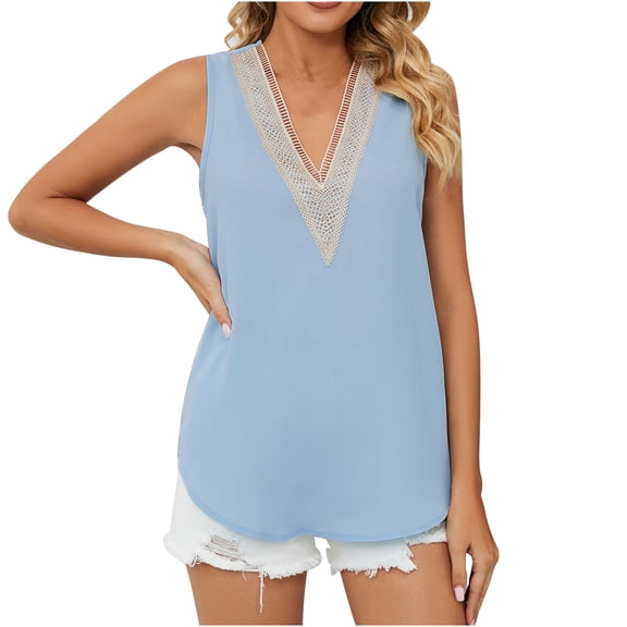 Mittory Summer Tank Tops for Women Trendy Causal Cute Loose Fit Lace V Neck Sleeveless Shirts Blouse