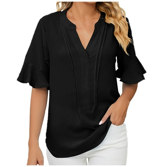 Mittory Summer Tops for Women Casual V Neck Tops Ruffle Sleeve Short Sleeve T Shirt Blouses