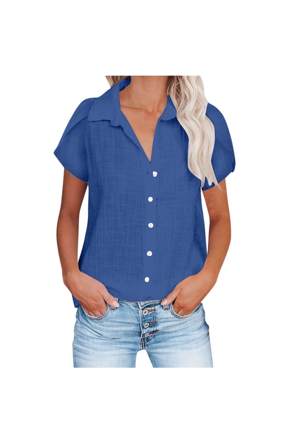 Summer Tops for Women Cotton Linen Button Down Shirts Dressy Cap Sleeve Collared Business Casual Blouses