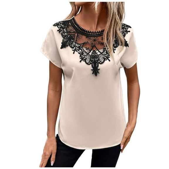 Mittory Summer Tops for Women Dressy Casual Lace V-Neck Short Sleeve Shirts Trendy Comfy Pleated Blouse T-Shirt
