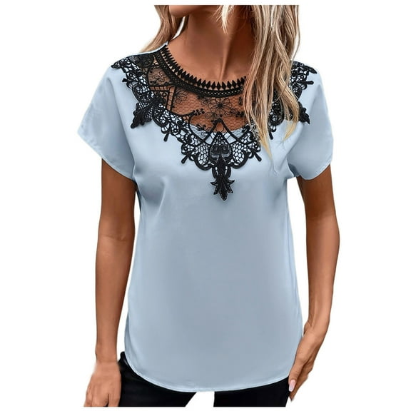 Mittory Summer Tops for Women Dressy Casual Lace V-Neck Short Sleeve Shirts Trendy Comfy Pleated Blouse T-Shirt