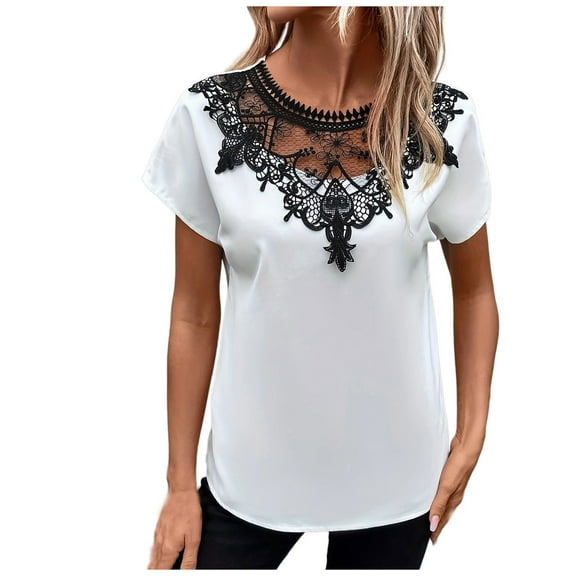 Mittory Summer Tops for Women Dressy Casual Lace V-Neck Short Sleeve Shirts Trendy Comfy Pleated Blouse T-Shirt
