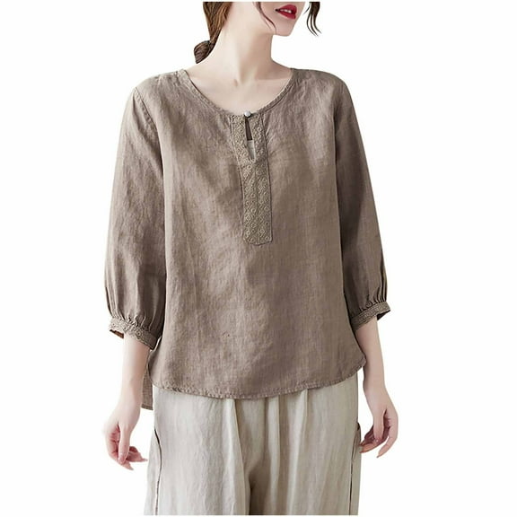 Mittory Summer Tops for Women Dressy Casual Linen Embroidery Blouse Crew Neck Tunic Elbow Sleeve Shirts