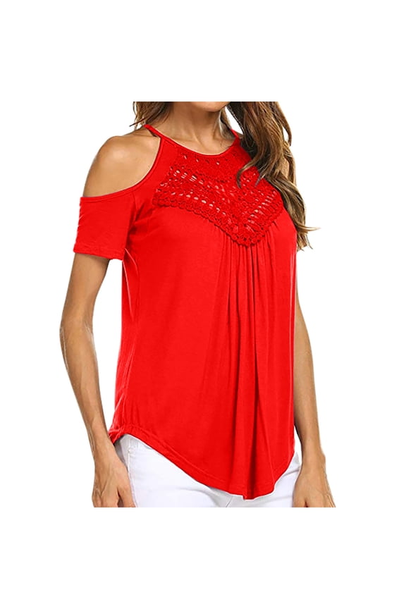 Summer Tops for Women Halter Spaghetti Strap Short Sleeve Flowy Cold Shoulder Casual Lace Cami Camisole