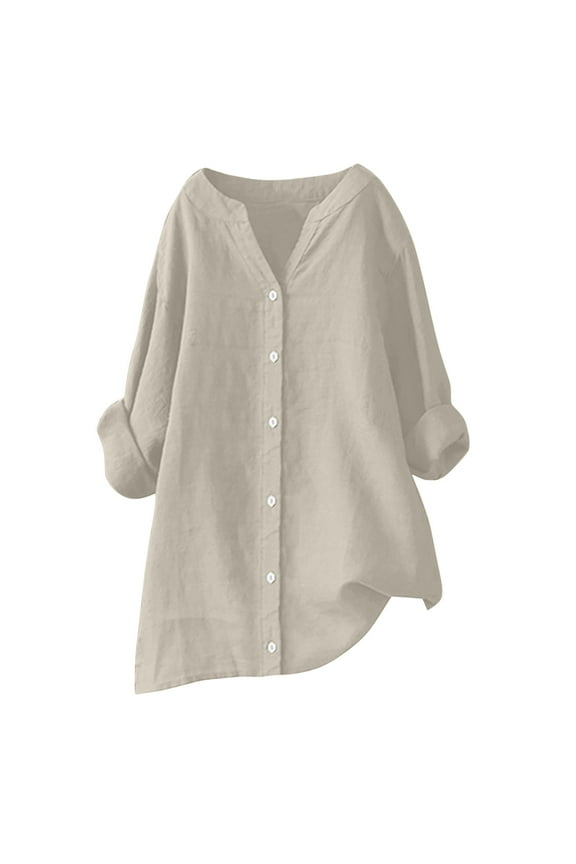 Summer Tops for Women Long Sleeve Cotton Linen Shirt Casual Button Down V Neck Tunic Blouses