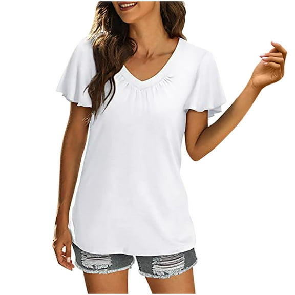 Mittory Summer Tops for Women Shirred V Neck Ruffle Sleeve Shirt Loose Blouse Going Out Casual Basic Tee