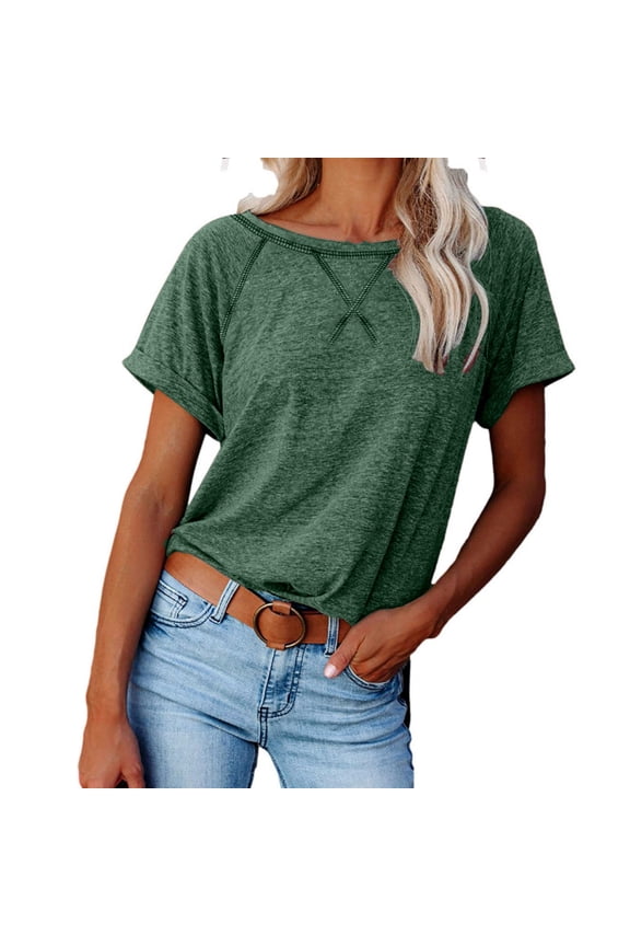 Summer Tops for Women Short Sleeve Crewneck Tshirts Side Split Loose Fit Tunic Shirts