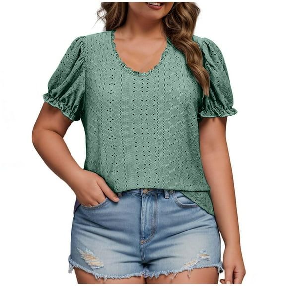 Mittory Summer Tops for Women Short Sleeve O Neck Dressy Boho Lace Blouses Shirts