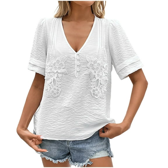 Mittory Summer Tops for Women Short Sleeve V Neck Loose Casual Tee Shirt Solid Color Pleated Dressy Going Out Tunic Tops