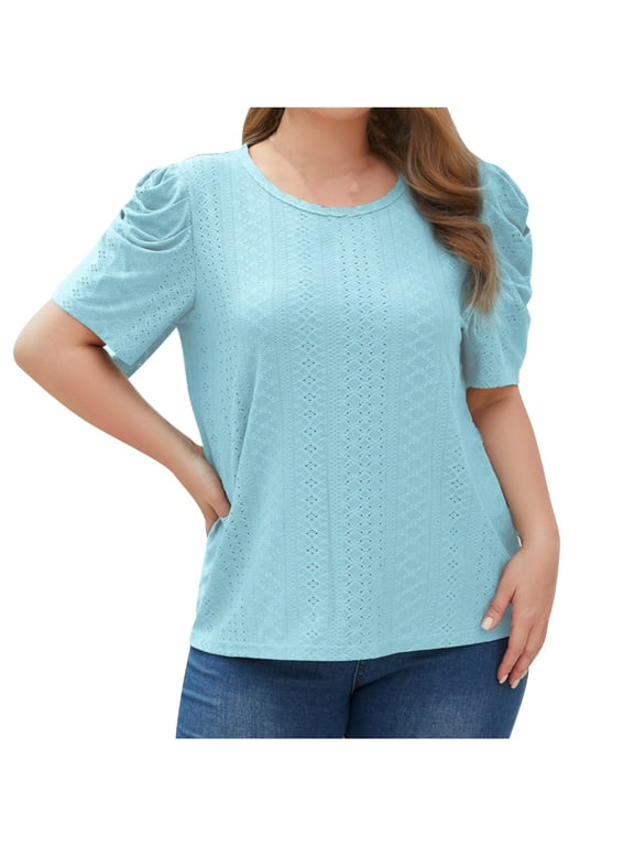 Summer Tops for Women Trendy Casual Chiffon Eyelet Blouse Floral Short Sleeve Tops Loose Summer Shirts