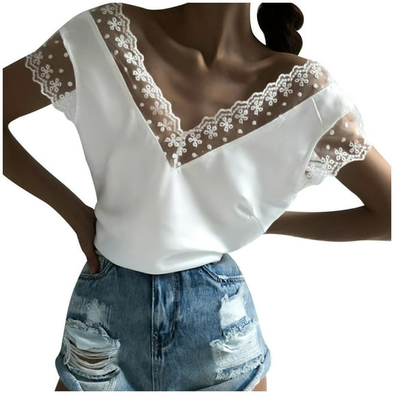 Mittory Summer Tops for Women V Neck T-Shirts Swiss Dot Short Sleeve Shirts Casual Fashion Blouses