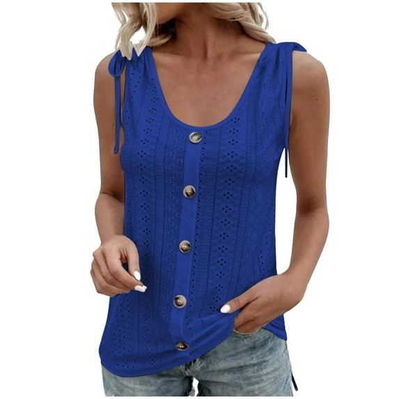Mittory Summer Tops for Women Vacation Eyelet Tops Sleeveless Scoop Neck Button Down Shirts Loose Fit Tank Tops Shirt