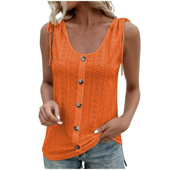 Mittory Summer Tops for Women Vacation Eyelet Tops Sleeveless Scoop Neck Button Down Shirts Loose Fit Tank Tops Shirt