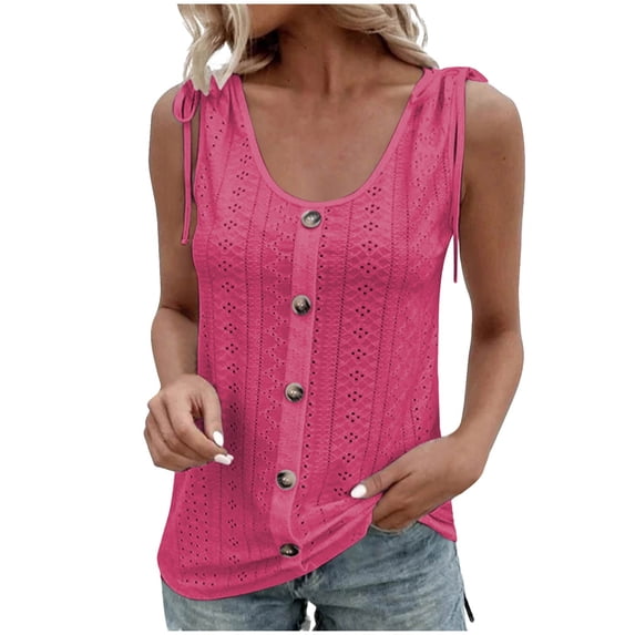 Mittory Summer Tops for Women Vacation Eyelet Tops Sleeveless Scoop Neck Button Down Shirts Loose Fit Tank Tops Shirt