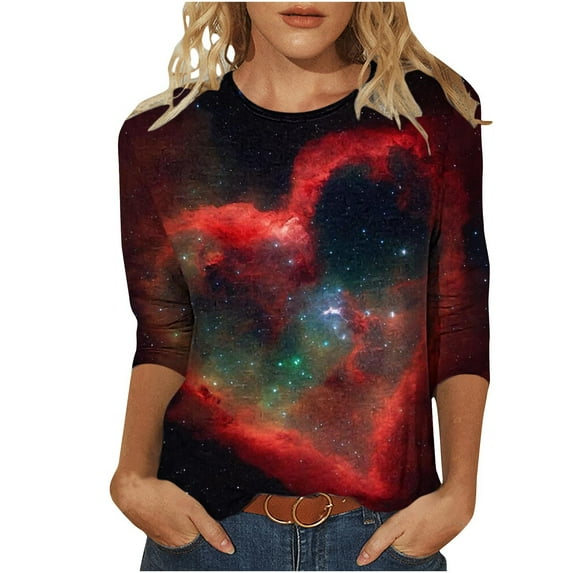 Mittory Summer Tops for Women Vacation Galaxy Space Graphic Blouses Trendy Crewneck Office 3/4 Sleeve Shirts