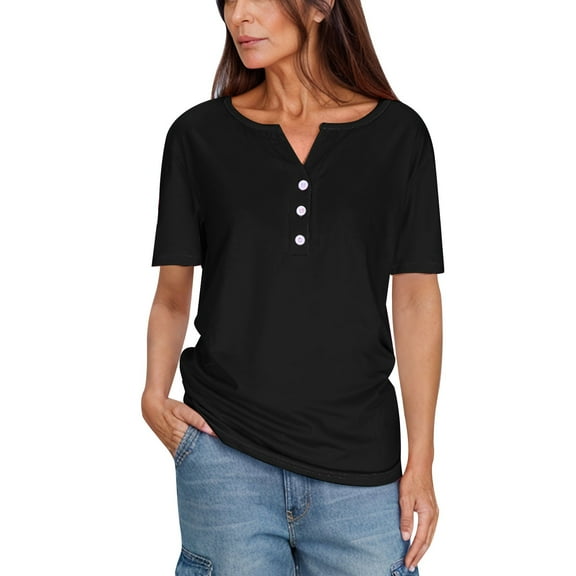Mittory Summer Tops for Women Vacation Trendy V Neck Button Short Sleeve Shirts Basic Casual Loose Comfy Tunic Blouse