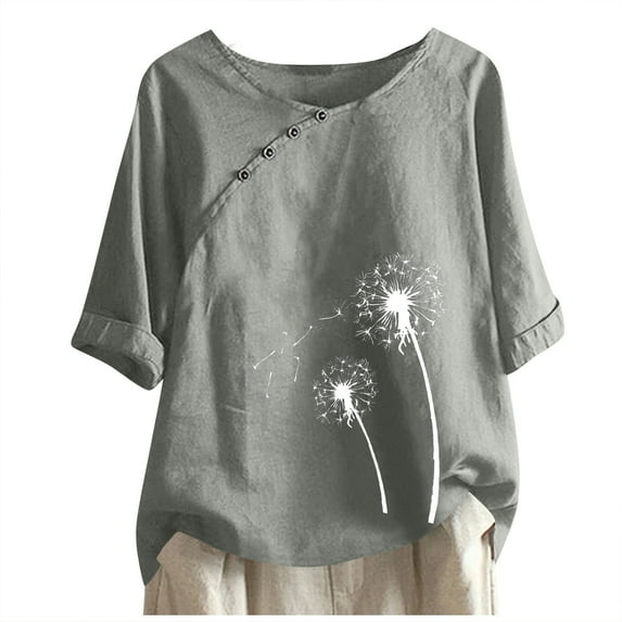 Mittory Summer Women Cotton Linen T-Shirt Casual Floral Pattern Blouses Tops Short Sleeve Crewneck Loose Tunic Comfy Soft Tees