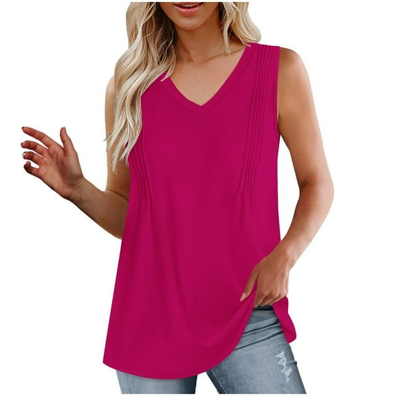 Mittory Summer Womens Tank Tops Loose Fit Pleated V Neck Sleeveless Tops Casual Basic T Shirts Solid Tees