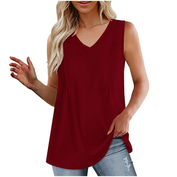 Mittory Summer Womens Tank Tops Loose Fit Pleated V Neck Sleeveless Tops Casual Basic T Shirts Solid Tees