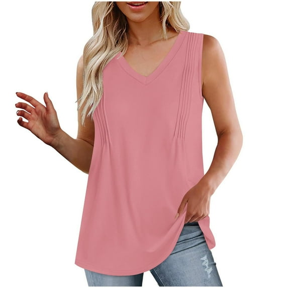 Mittory Summer Womens Tank Tops Loose Fit Pleated V Neck Sleeveless Tops Casual Basic T Shirts Solid Tees