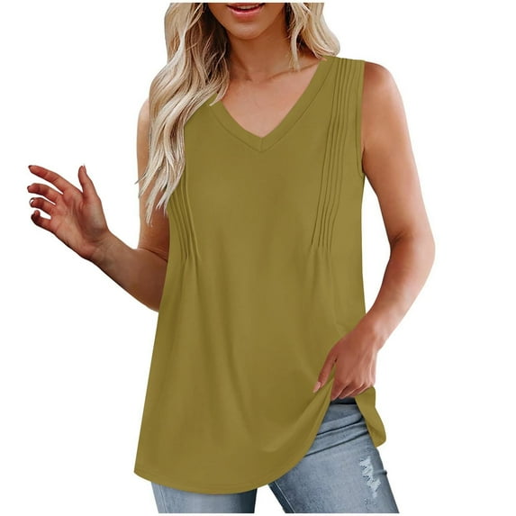 Mittory Summer Womens Tank Tops Loose Fit Pleated V Neck Sleeveless Tops Casual Basic T Shirts Solid Tees
