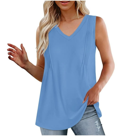 Mittory Summer Womens Tank Tops Loose Fit Pleated V Neck Sleeveless Tops Casual Basic T Shirts Solid Tees