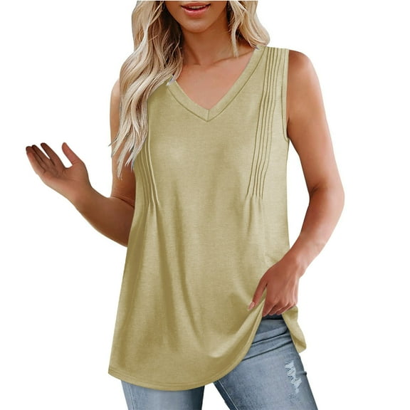 Mittory Summer Womens Tank Tops Loose Fit Pleated V Neck Sleeveless Tops Casual Basic T Shirts Solid Tees