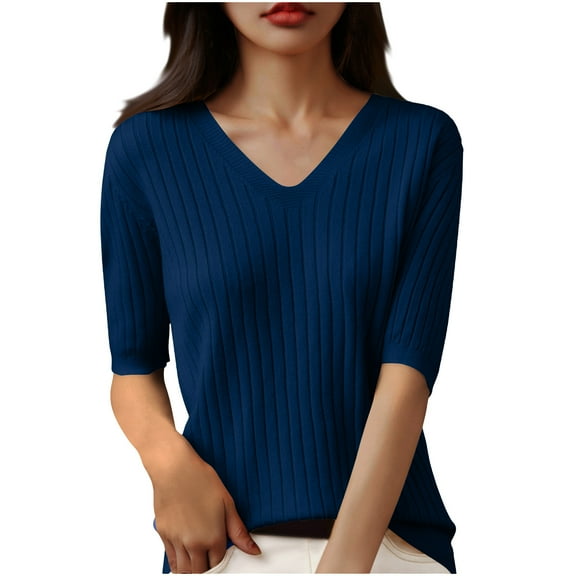 Mittory Sweater Tops for Women Short Sleeve Sweaters V Neck Casual Shirts Knit Blouse Spring Summer Fall Tops