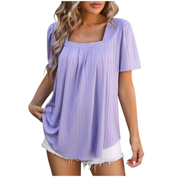 Mittory T Shirts for Women Pleated Square Neck Dressy Casual Blouses Puff Short Sleeve Summer Tops Loose Fit