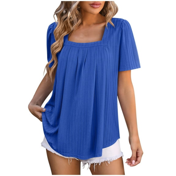 Mittory T Shirts for Women Pleated Square Neck Dressy Casual Blouses Puff Short Sleeve Summer Tops Loose Fit