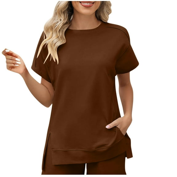 Mittory T Shirts for Women Side Slit Crewneck Short Sleeve Casual Summer Tops Lightweight Loose High Low Blouse