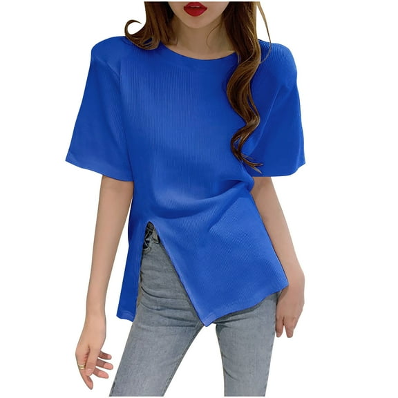 Mittory T-Shirts for Women Summer Tops Split Hem Tunic Dressy Casual Crew Neck Loose Short Sleeve Versatile Blouse