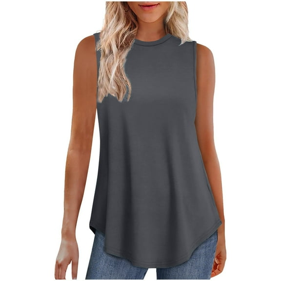 Mittory Tank Tops for Women Sleeveless Crewneck Flowy Loose Fit Tunics High-Low Hem Summer Dressy Blouses
