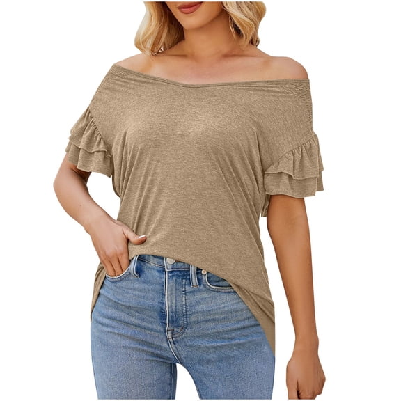 Mittory Tops for Women Dressy Short Sleeve Casual Blouse V Neck Fashion Solid Color Knitted Trendy Tunic Comfy Tee
