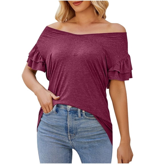 Mittory Tops for Women Dressy Short Sleeve Casual Blouse V Neck Fashion Solid Color Knitted Trendy Tunic Comfy Tee