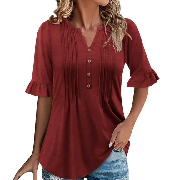 Mittory Tops for Women Neck Button Down Shirts Pleated Puff Short Sleeve Tunic Shirts Business Casual Blouses