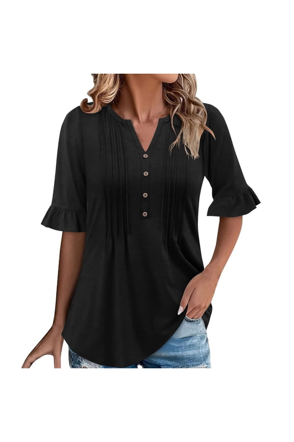 Tops for Women Neck Button Down Shirts Pleated Puff Short Sleeve Tunic Shirts Business Casual Blouses