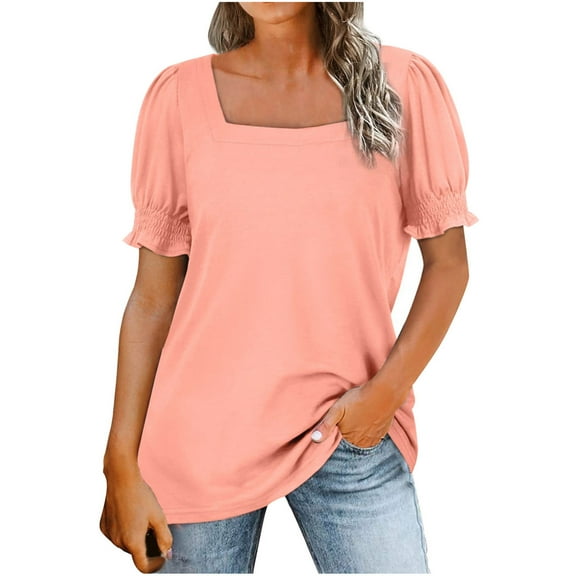 Mittory Tops for Women Summer Casual Ruffle Trim Sleeve Square Neck T Shirts