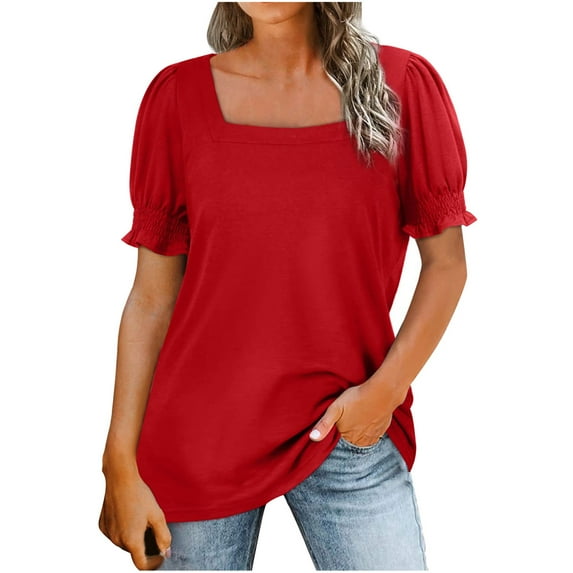 Mittory Tops for Women Summer Casual Ruffle Trim Sleeve Square Neck T Shirts