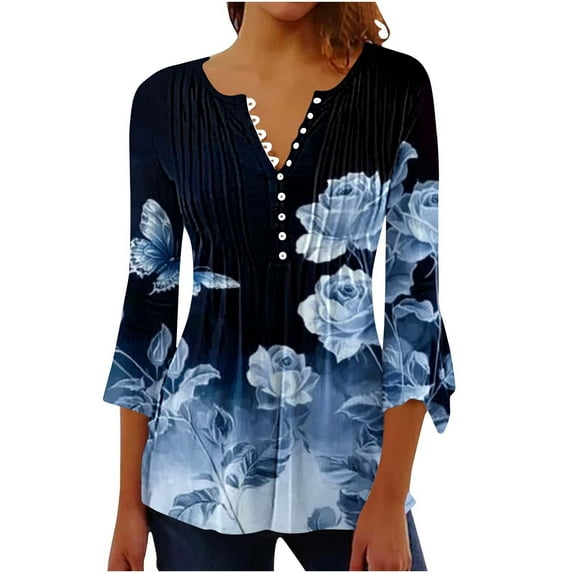 Mittory Tops for Women Trendy Sexy Elegant T-Shirts Boho Floral Print 3/4 Bell Sleeve v Neck Shirts Blouse
