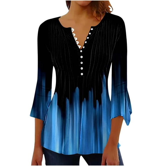 Mittory Tops for Women Trendy Sexy Elegant T-Shirts Boho Floral Print 3/4 Bell Sleeve v Neck Shirts Blouse