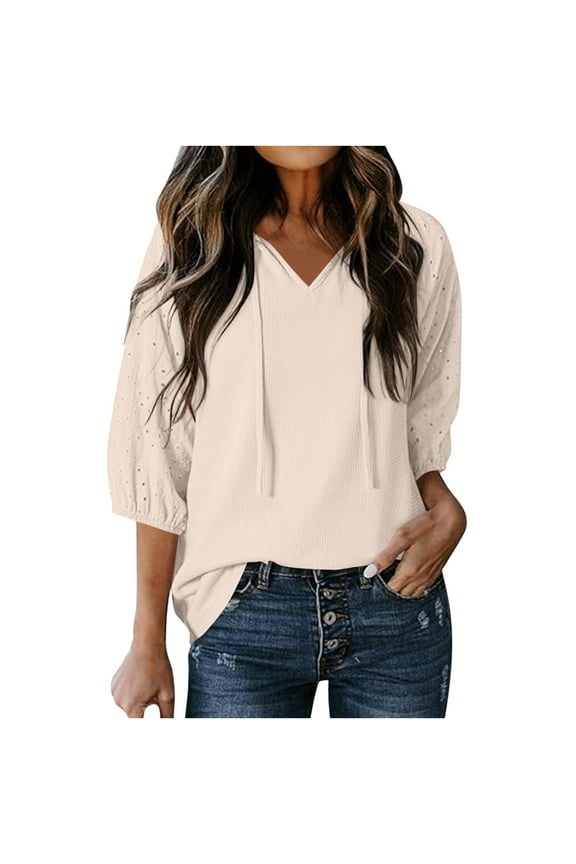 Tops for Women Trendy Spring Summer Dressy Casual V Neck Blouses Cute Babydoll Tops 3/4 Sleeve Shirts