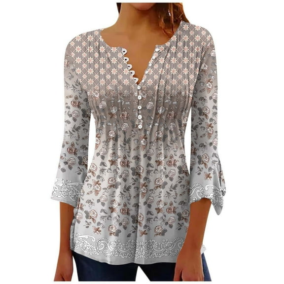 Mittory Tunic Tops for Women Loose Fit Dressy 3/4 Length Sleeve Tunics Floral Tops Summer Dressy