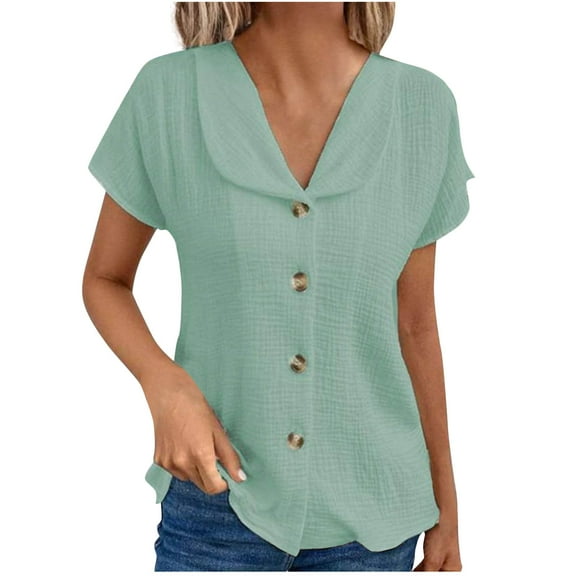 Mittory Tunic Tops for Women Short Sleeve Pleated Lapel Cardigan Solid Color Button Down Casual Comfy Shirts